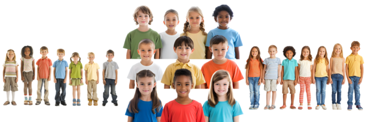Group of children in casual clothing standing in three rows isolated on a white background, png