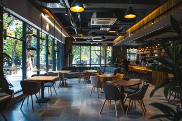 A trendy cafeteria with large windows, wooden tables, and modern lighting