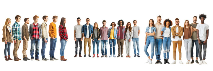Group of people standing in a line with half facing forward and half facing sideways isolated on a white background, png