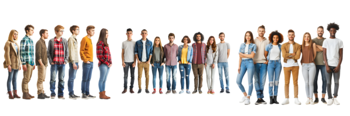 Group of people standing in a line with half facing forward and half facing sideways isolated on a white background, png
