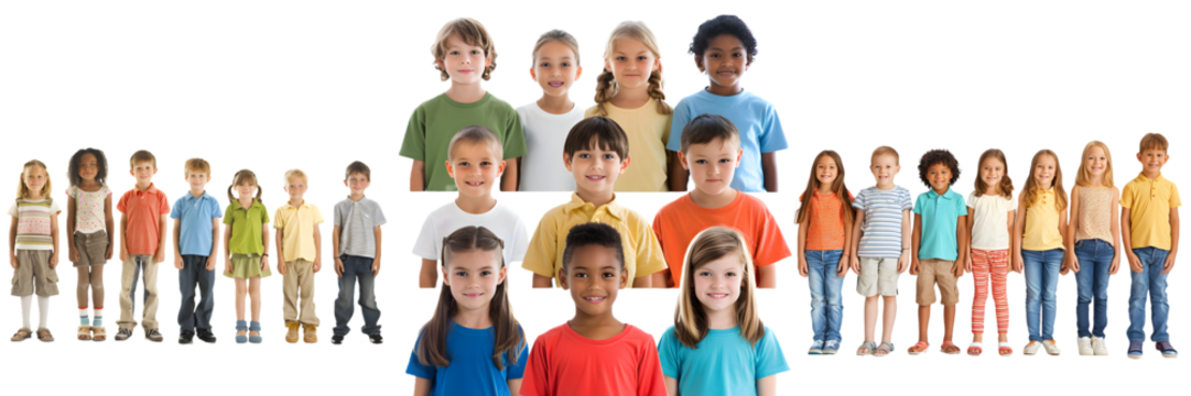 Group of children in casual clothing standing in three rows isolated on a white background, png