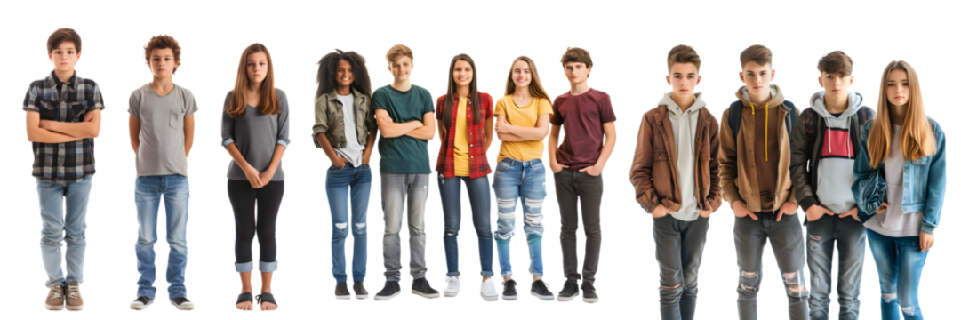 Line of eleven individuals in casual clothing facing forward isolated on a white background, png