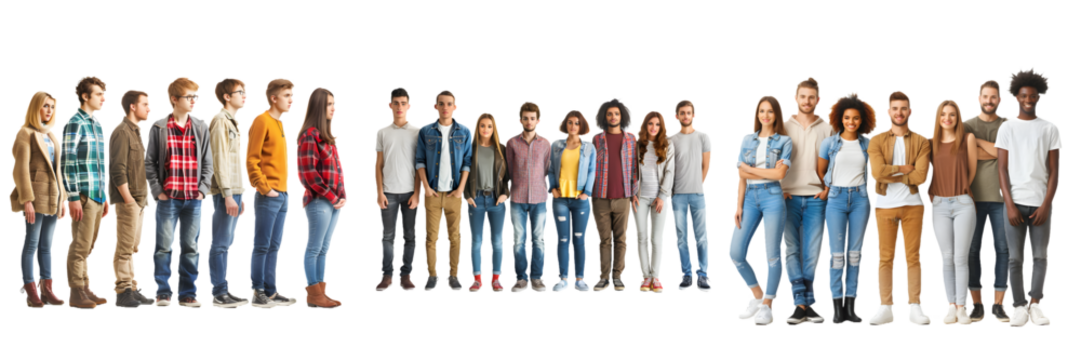 Group of people standing in a line with half facing forward and half facing sideways isolated on a white background, png