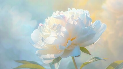   A giant white blossom resting atop a verdant sea of grass, amidst a backdrop of azure heavens