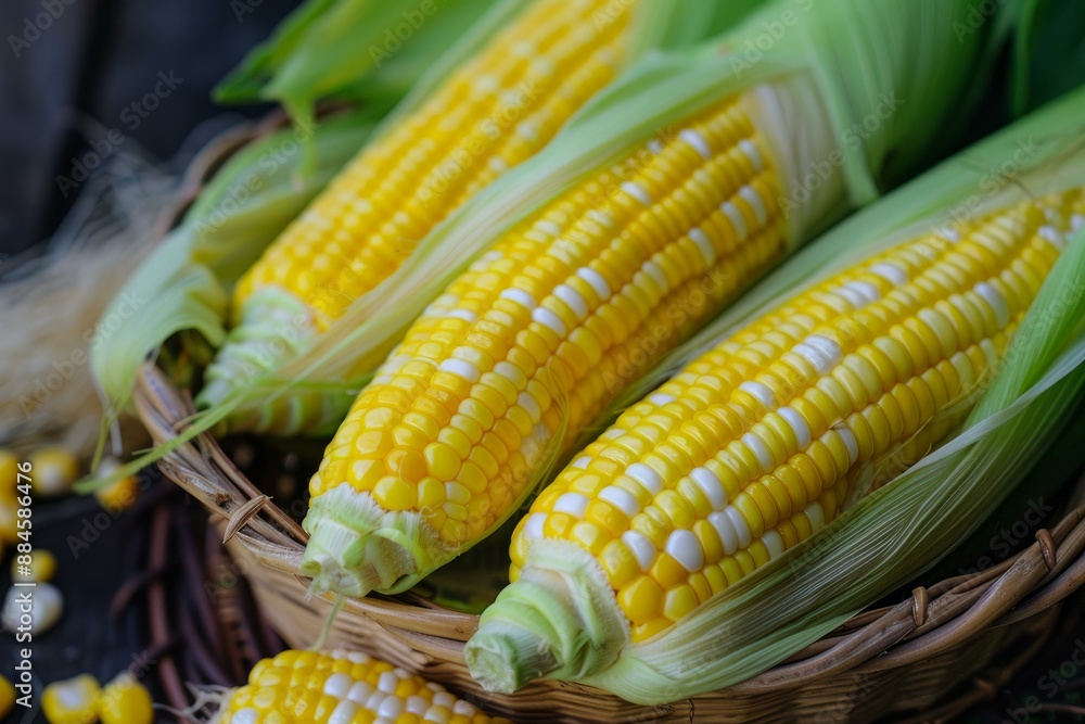 Sticker closeup of ripe corn cobs with husks in a woven basket, set on a wooden surface