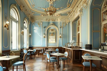 Stylish cafe with ornate Baroque decor, large windows, and sunlight