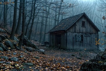A haunted wooden shack stands in the dark, surrounded by a foggy forest of bare trees and fallen leaves, evoking a mysterious and eerie ambiance.