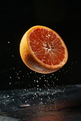 Fresh Blood Orange levitating on a black background