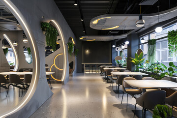 A modern, stylish cafeteria interior with circular walls and natural light