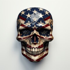 Skull with American flag design, patriotic art, stars and stripes, symbolic illustration on white background.