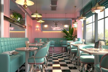 A modern, stylish American diner with vintage furniture and accents
