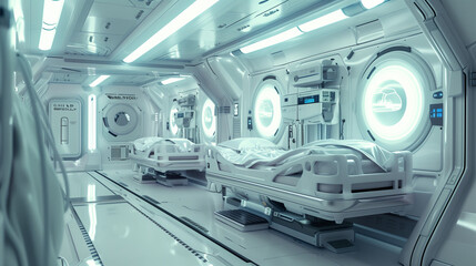 Space Medicine Starship Intensive Care Unit science fiction environment, with three round white badge empties inserted in the background.宇宙医療スターシップの集中治療室のSF環境、背景には3つの丸い白いバッジエンプティを挿入する.Generative AI	