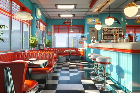 A vintage-style diner interior with red booths, a checkered floor, and a blue counter