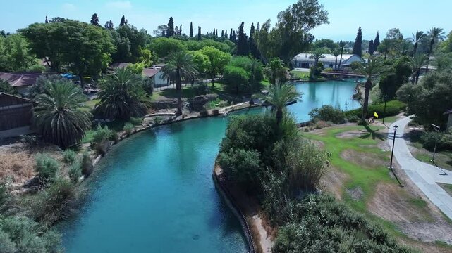 Aerial view flyover kibbutz Nir David, North of Israel