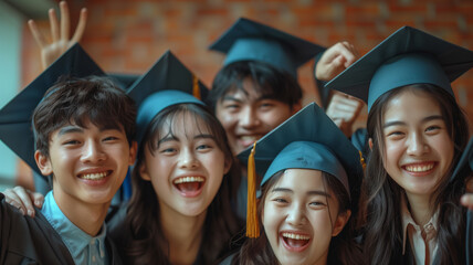 Fototapeta premium A group of people wearing graduation caps and gowns are smiling and posing for a picture. Scene is happy and celebratory, as the graduates are proud of their accomplishments