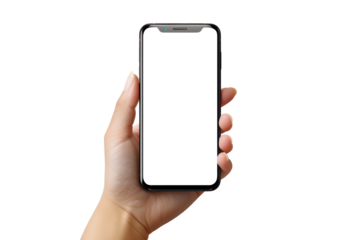 A person is holding a phone with a white screen. The phone is a new model and he is a high-end device