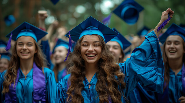 A group of people wearing graduation caps and gowns are smiling and posing for a picture. Scene is happy and celebratory, as the graduates are proud of their accomplishments
