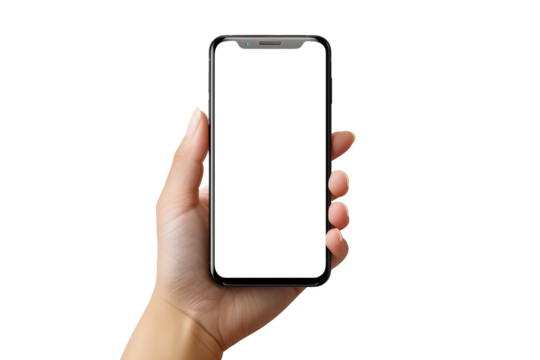 A person is holding a phone with a white screen. The phone is a new model and he is a high-end device