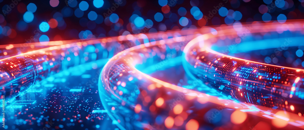 Poster a blue and red wire with a lot of dots on it. the wire is curved and it looks like it is part of a c