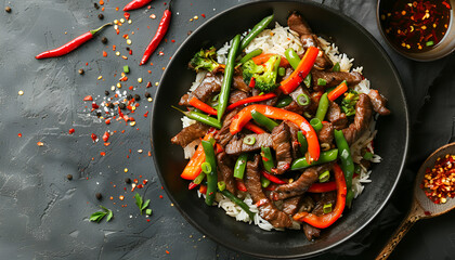 Stir frying beef with sweet peppers, green beans and rice. Top view