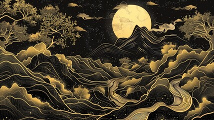 Stunning artistic illustration of a detailed nighttime landscape with a full moon, mountains, and swirling patterns.