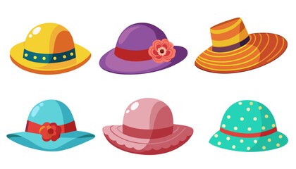 Vector cartoon headgears. Collection of woman summer hats. Clothing accessory.