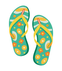 Pair of flip-flops. Cute colorful shoes for summer design. Beach vacation concept. Vector cartoon illustration isolated on white.