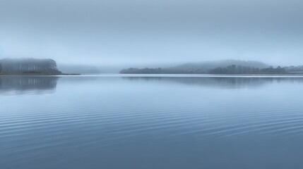  Water with trees in the foreground and foggy sky in the background, with a building on the distant shoreline