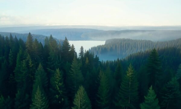 A flight over a misty pine forest with a lake nearby, 4K