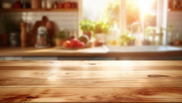 Wooden table on blurred kitchen bench background, Empty wooden table and blurred kitchen background, Sunlit Modern Kitchen, Perfect for Cooking, Baking, and Lifestyle Photography.