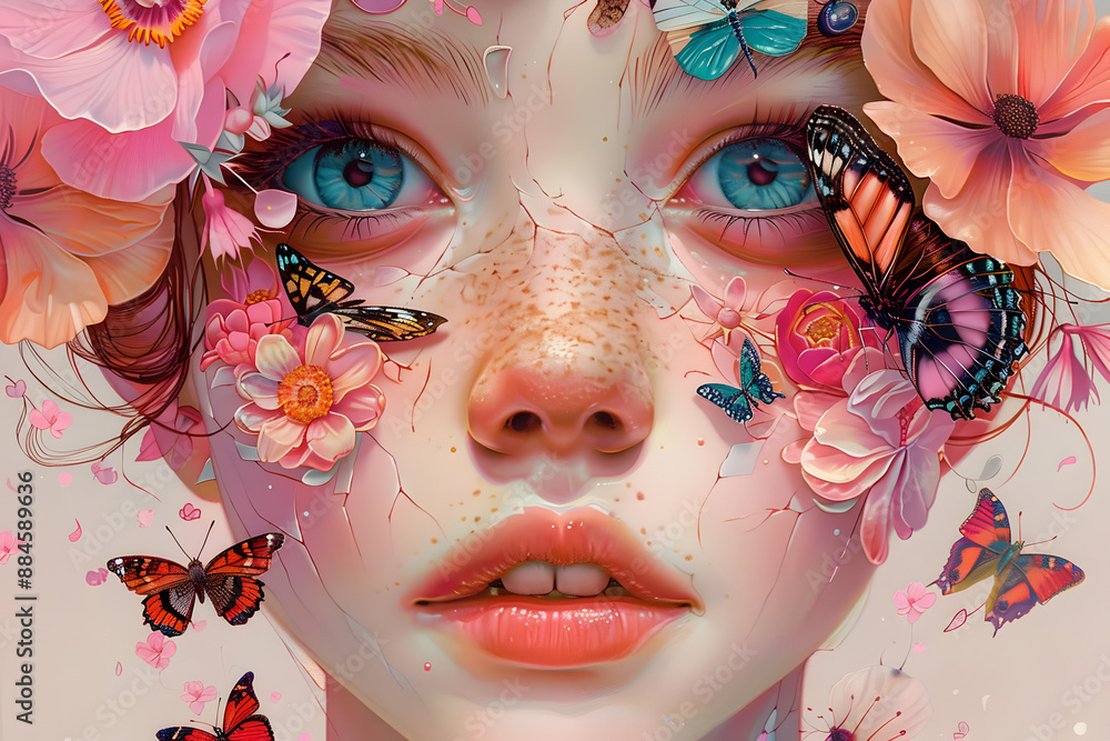 Sticker Floral Face with Butterflies