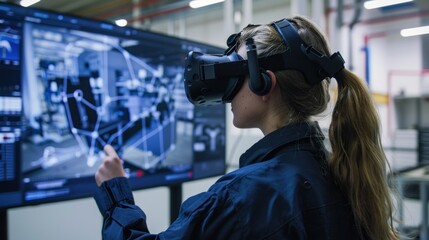 Woman Wearing VR Headset Interacting With Virtual Reality Design
