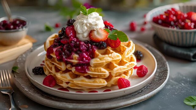 A stack of fluffy vegan waffles topped with a homemade berry compote and a dollop of cashew cream.