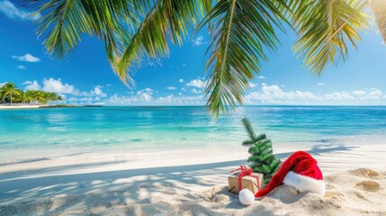 Beautiful Christmas background. Santa Claus's hat lies on a tropical beach. The concept of an ideal Christmas holiday in hot countries.