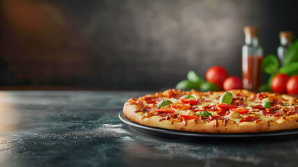 Homemade pizza with tomatoes and basil on a gray kitchen counter with copy space