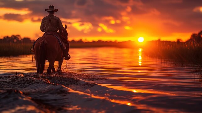 Papel de parede mostrando um vaqueiro caminhando com seu cavalo no Pantanal brasileiro em uma linda paisagem de p&ocirc;r do sol