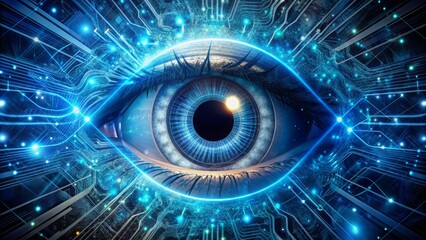Intricate futuristic algorithmic patterns surround a glowing blue iris, suspended in mid-air, evoking senses of artificial intelligence and cyber surveillance.