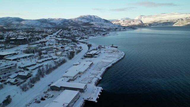 Winter aerial video in nature in &Oslash;vre-Alta, Finnmark, Norway.