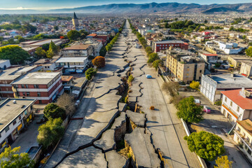 Aerial view of a devastated cityscape with severely cracked roads, ruptured pavement, and shattered asphalt, revealing the devastating impact of a powerful earthquake.