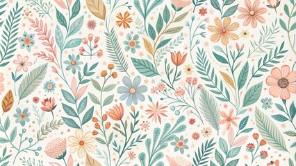 Obraz premium Delicate hand drawn small flowers, branches, and leaves in soft pastel colors on a white background form a seamless floral pattern.