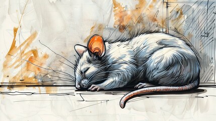  A rat lying on the ground with its head on a mouse's tail and a building in the background