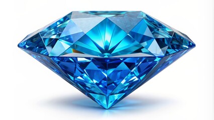 Vibrant blue diamond gemstone with precise cut and sparkling facets isolated against a crisp clean pure white background.