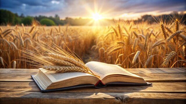 Open holy book surrounded by wheat on rustic wooden table, evoking Christian values of faith, loyalty, and obedience to divine authority.