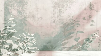   A plant in front of a wall with a painting of leaves and flowers on its side