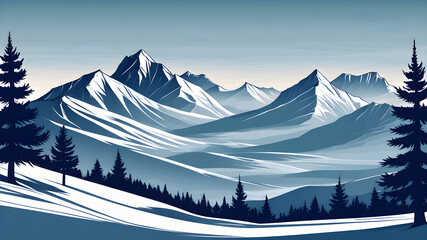 Blue Mountain landscape with line art. Cartoon. Generative AI