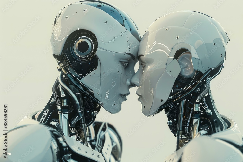 Poster highdetail rendering of two humanoid robots face to face as if in communication or contemplation