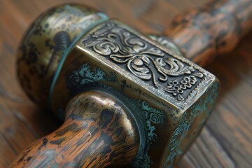 Closeup of an elaborately patterned antique printing block resting on a textured wood backdrop