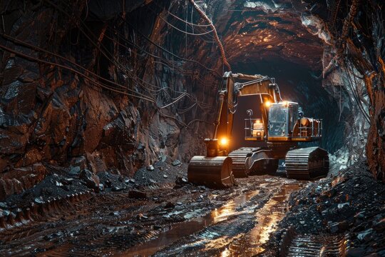 Fototapeta Mining excavation machine illuminated in an underground tunnel scene.