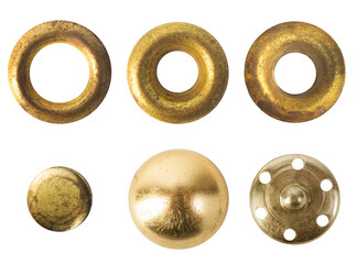 Isolated png photo of circular brass or copper metal buttons or rivets on transparent background.