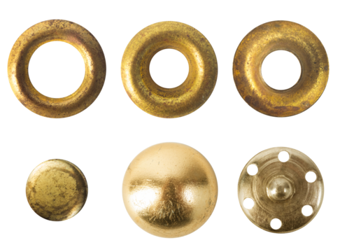 Isolated png photo of circular brass or copper metal buttons or rivets on transparent background.